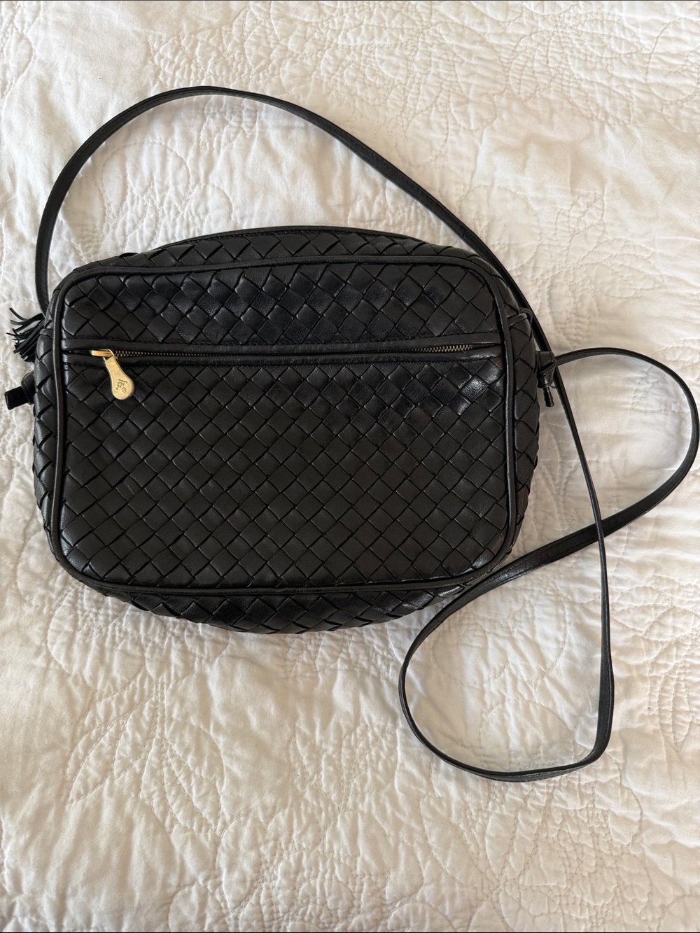Bottega Veneta Vintage Intrecciato Black Woven Leather Crossbody Bag